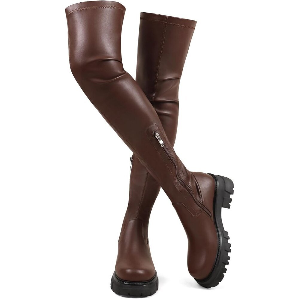 Women Brown-pu Synthetic Comfortable Thigh High Over The Knee High Boot